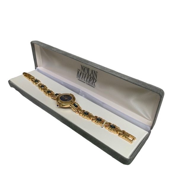 ? Vintage Nolan Miller Gold Tone Cabochon Ladies Watch Blue Gold Glamour